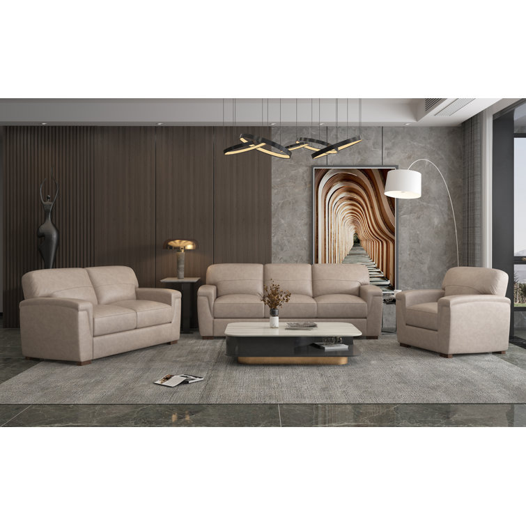 Cornelia Beige Leather Tufted Sofa with Removable Cushions