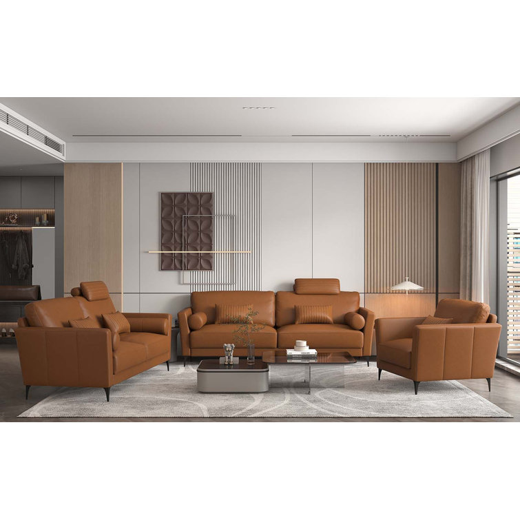 68" Saddle Tan Leather Loveseat with Metal Legs