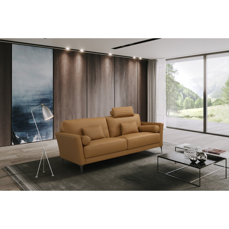 68" Saddle Tan Leather Loveseat with Metal Legs