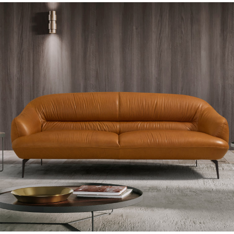 Cognac Leather Sloped Armrests 88'' Sofa with Metal Legs