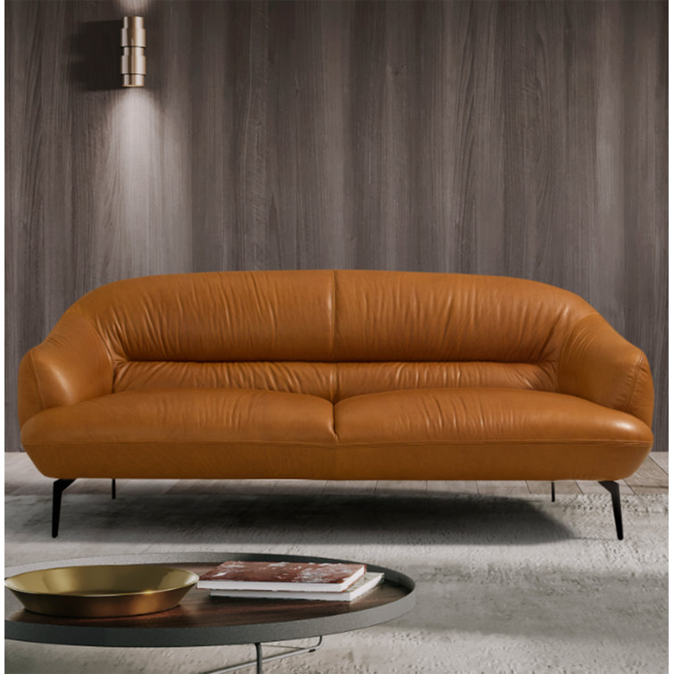 66" Cognac Brown Leather Pillow Back Loveseat with Metal Legs