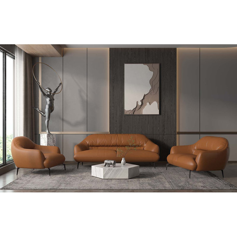66" Cognac Brown Leather Pillow Back Loveseat with Metal Legs