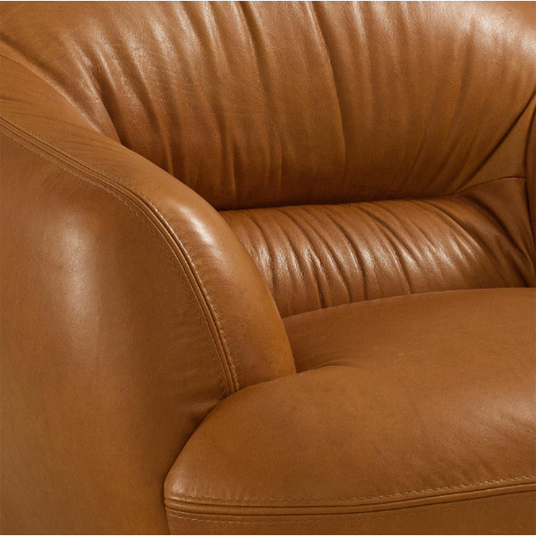 66" Cognac Brown Leather Pillow Back Loveseat with Metal Legs