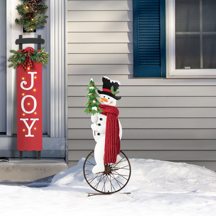 32" Metal Snowman Riding Bike with Red Scarf