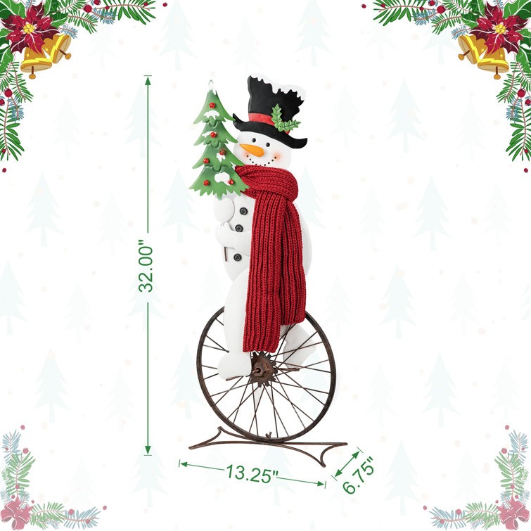 32" Metal Snowman Riding Bike with Red Scarf