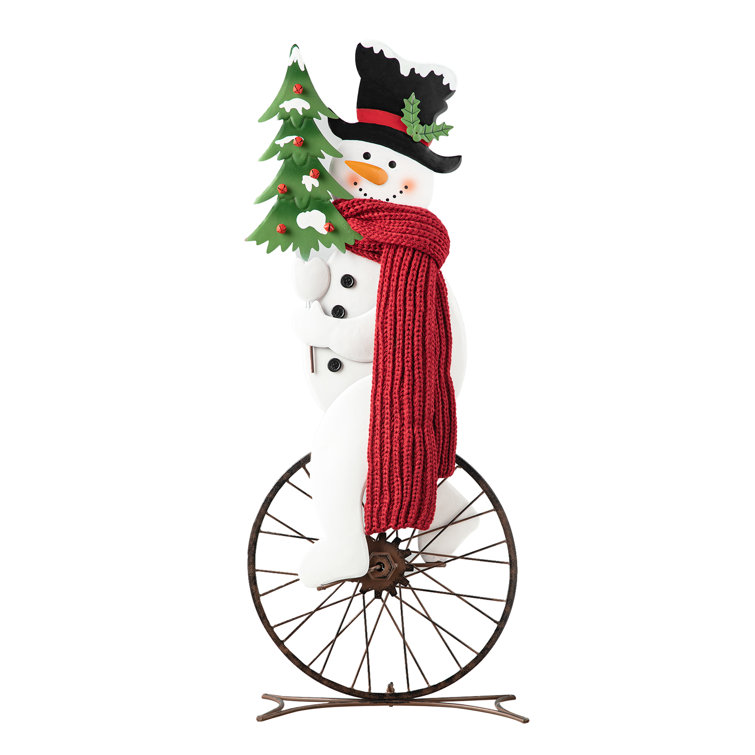32" Metal Snowman Riding Bike with Red Scarf