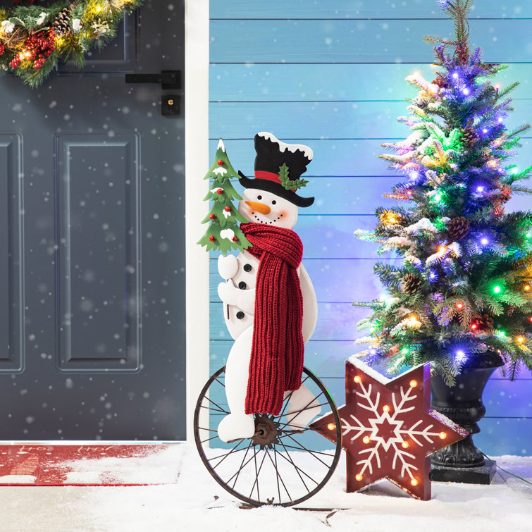 32" Metal Snowman Riding Bike with Red Scarf