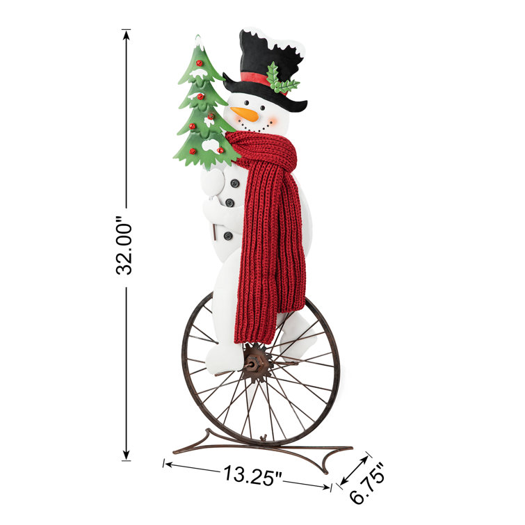32" Metal Snowman Riding Bike with Red Scarf
