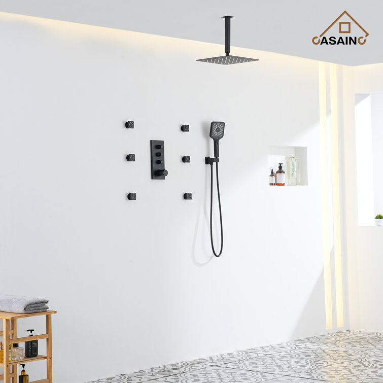 Matte Black Large Square Ceiling Mounted Dual Shower System
