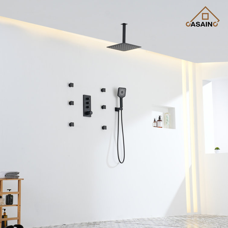 Matte Black Large Square Ceiling Mounted Dual Shower System