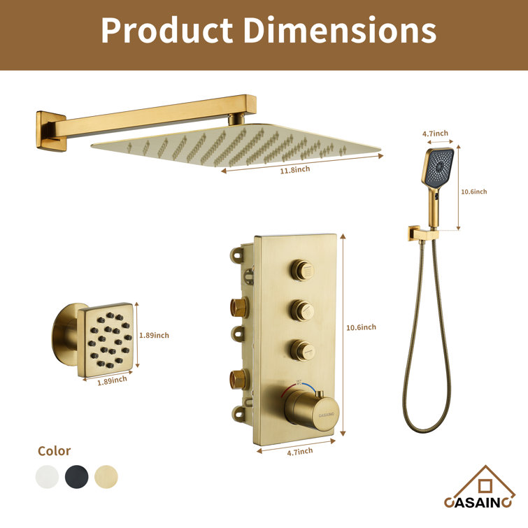 Brushed Gold Dual Square Wall Mount Shower System with Handheld