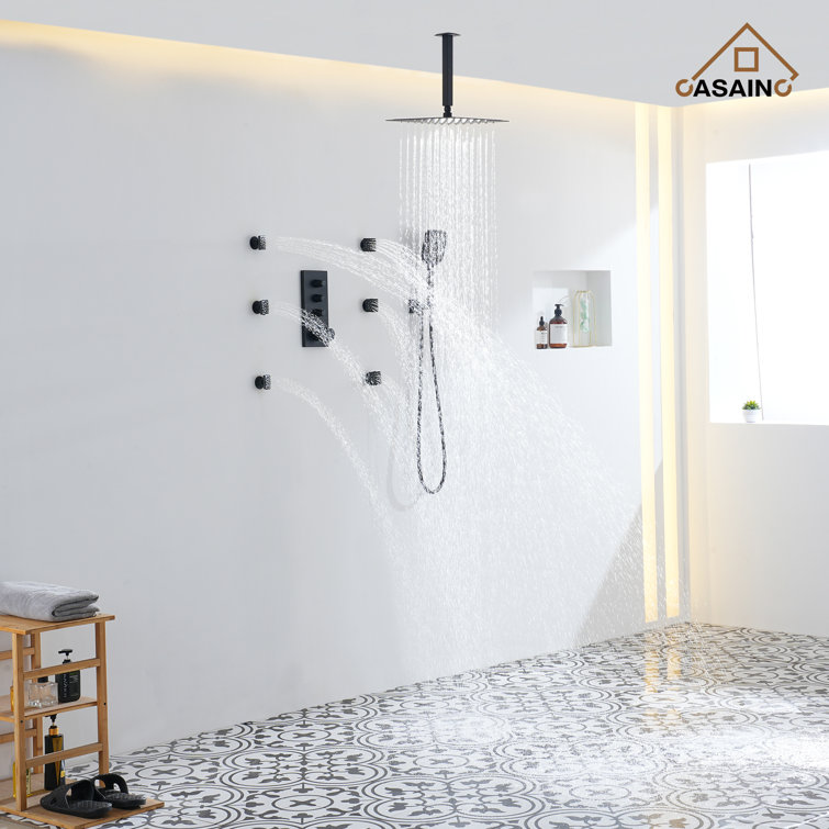 Matte Black Large Square Ceiling Mounted Dual Shower System
