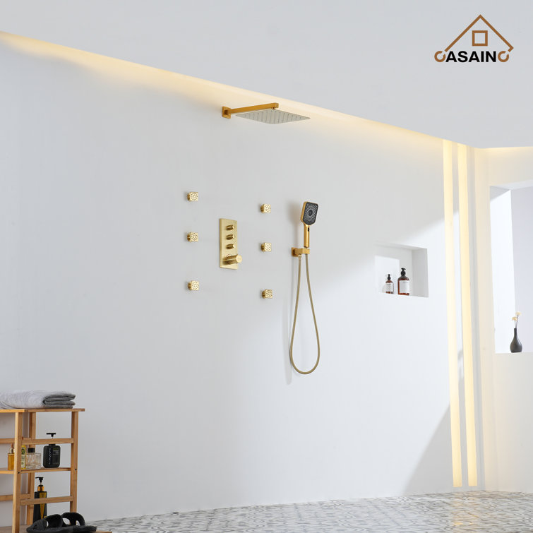 Brushed Gold Dual Square Wall Mount Shower System with Handheld
