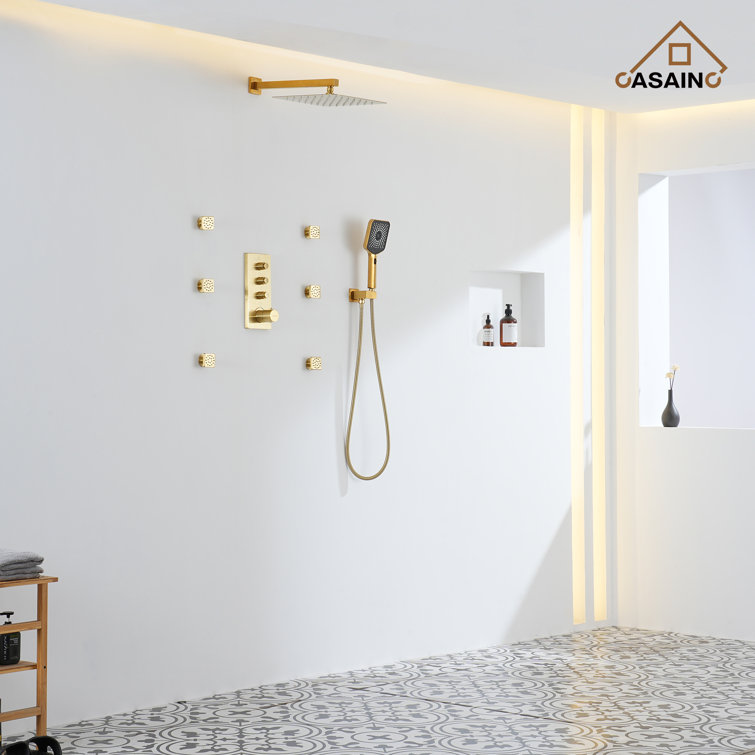 Brushed Gold Dual Square Wall Mount Shower System with Handheld