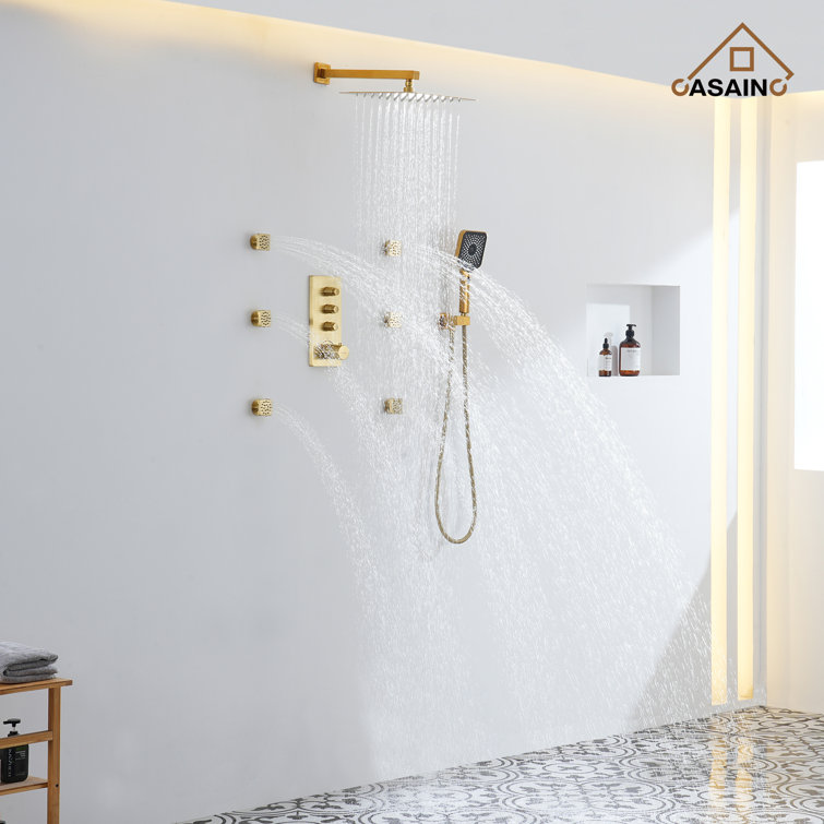 Brushed Gold Dual Square Wall Mount Shower System with Handheld