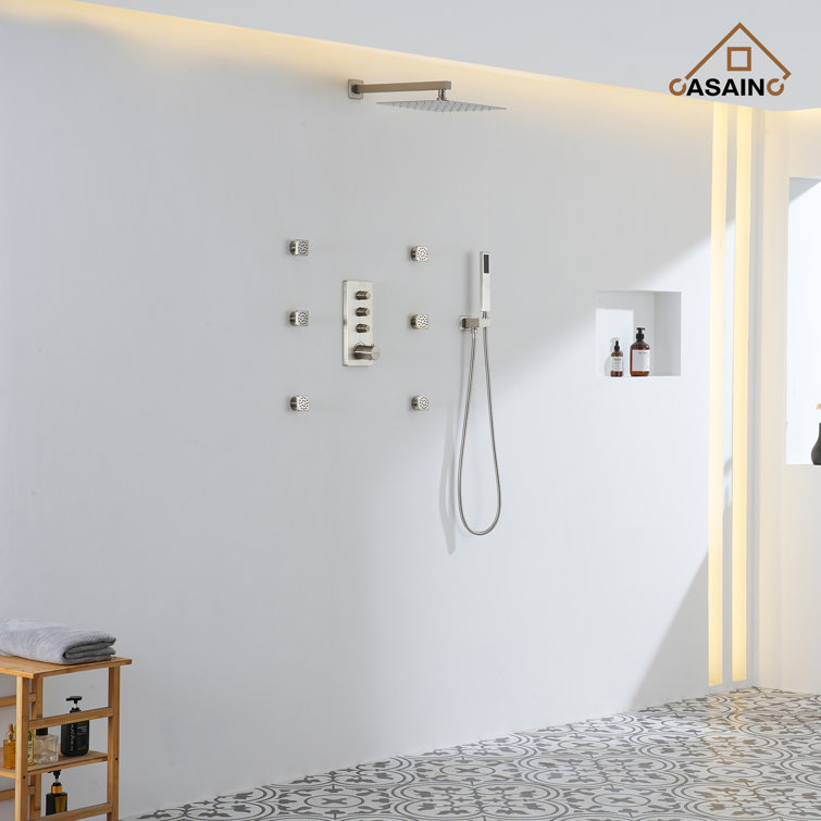Brushed Nickel Wall Mounted Rain Shower System with 6 Body Jets