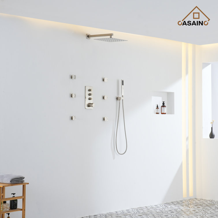 Brushed Nickel Wall Mounted Rain Shower System with 6 Body Jets