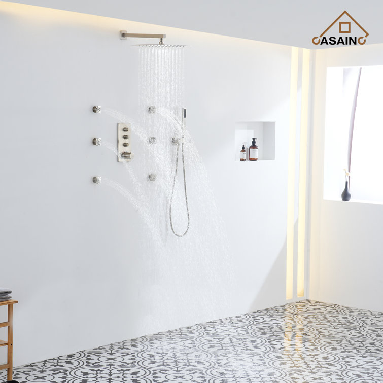 Brushed Nickel Wall Mounted Rain Shower System with 6 Body Jets