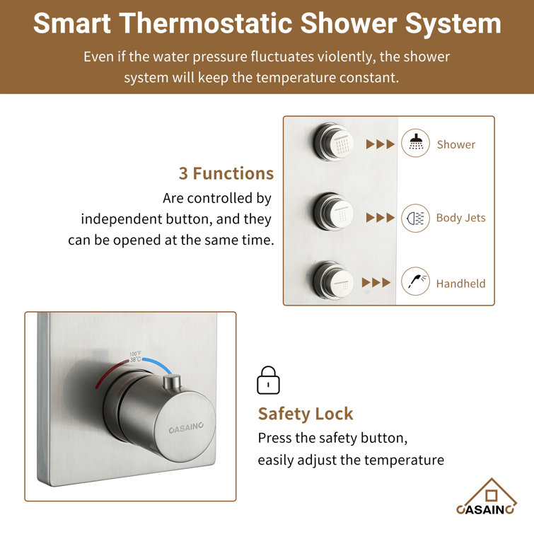 Brushed Nickel Wall Mounted Rain Shower System with 6 Body Jets
