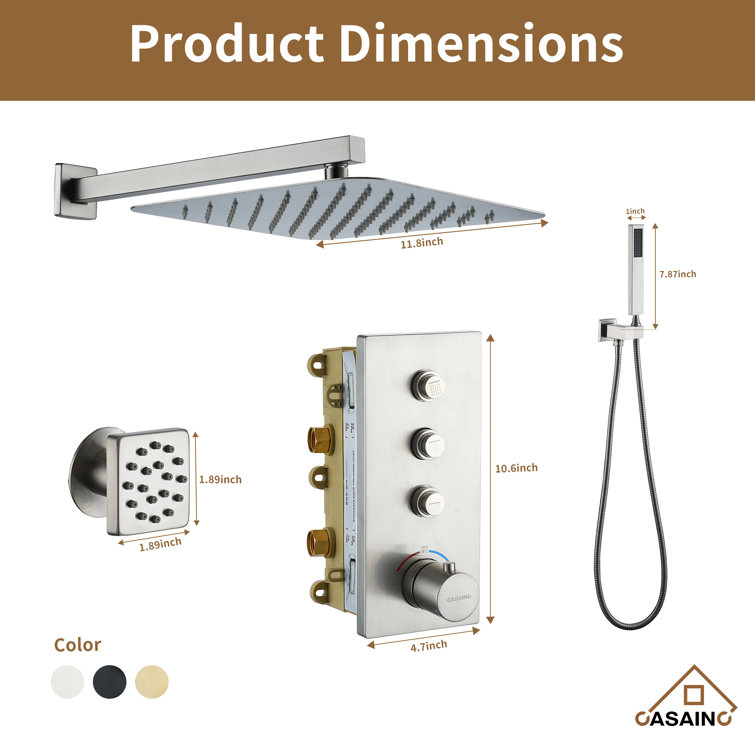 Brushed Nickel Wall Mounted Rain Shower System with 6 Body Jets