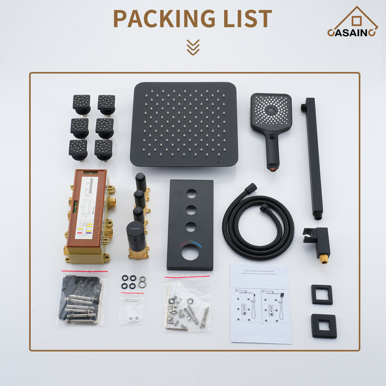 Matte Black 12-Inch Wall Mount Shower System with 6 Body Jets