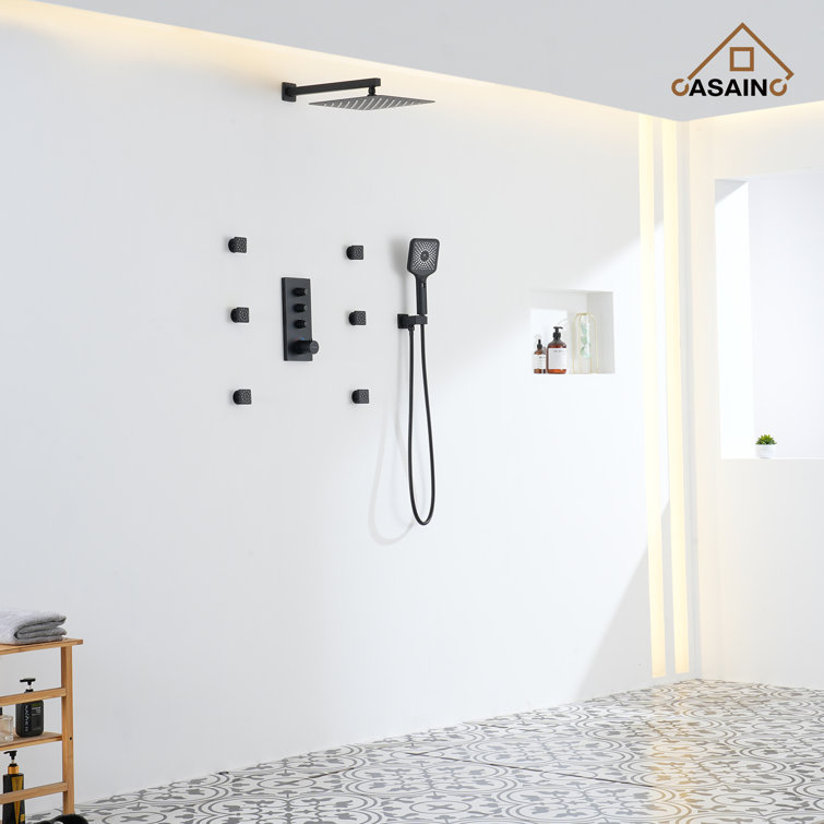 Matte Black 12-Inch Wall Mount Shower System with 6 Body Jets