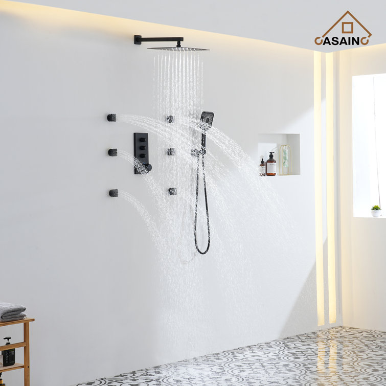 Matte Black 12-Inch Wall Mount Shower System with 6 Body Jets