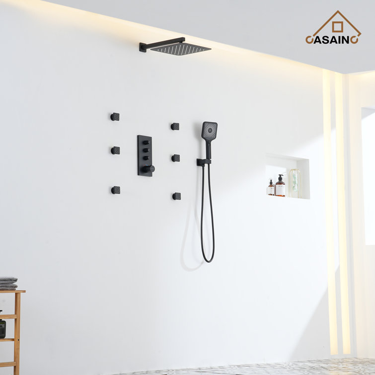Matte Black 12-Inch Wall Mount Shower System with 6 Body Jets
