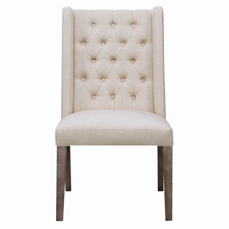 Beige Tufted Parsons Side Chair with Wood Accents, Set of 2