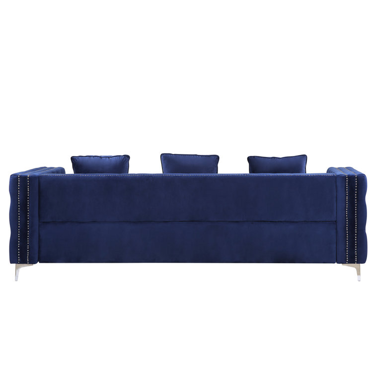 88'' Luxe Blue Velvet Tufted Sofa with Nailhead Trim & Ottoman