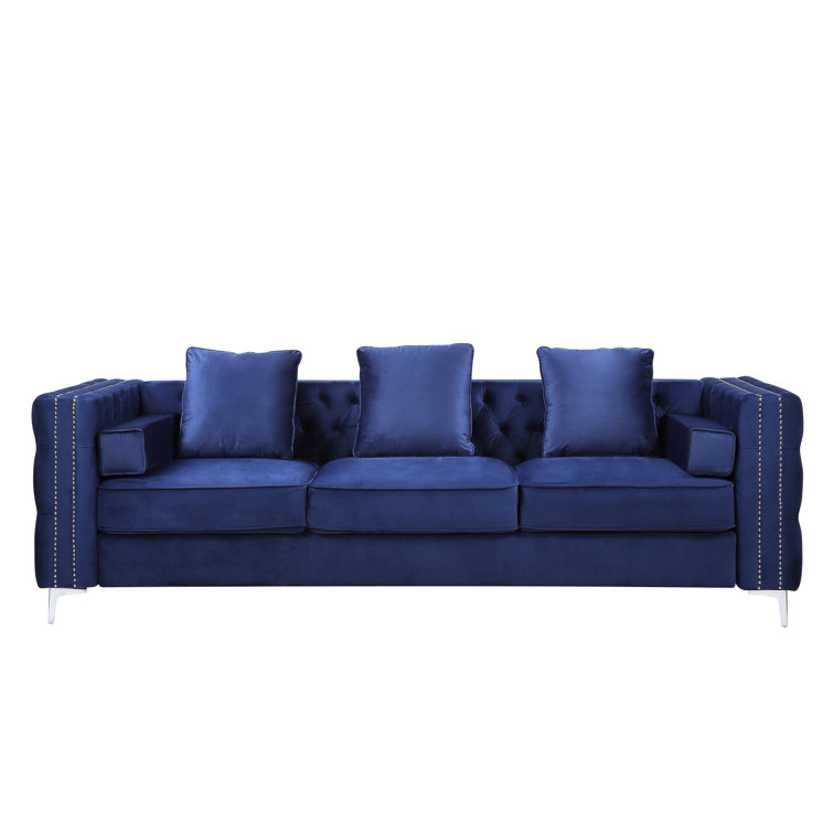 88'' Luxe Blue Velvet Tufted Sofa with Nailhead Trim & Ottoman
