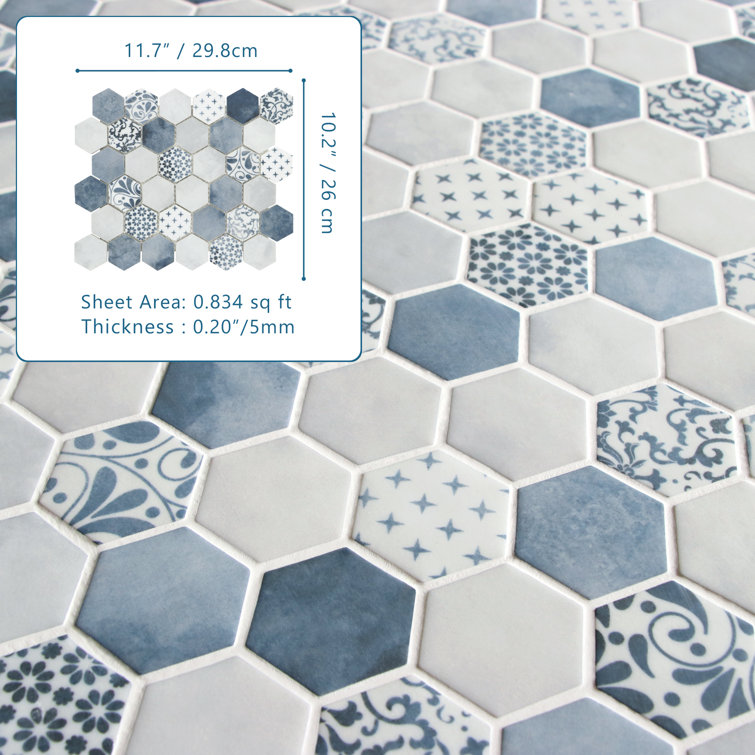 Blue and White Hexagon Recycled Glass Mosaic Tile