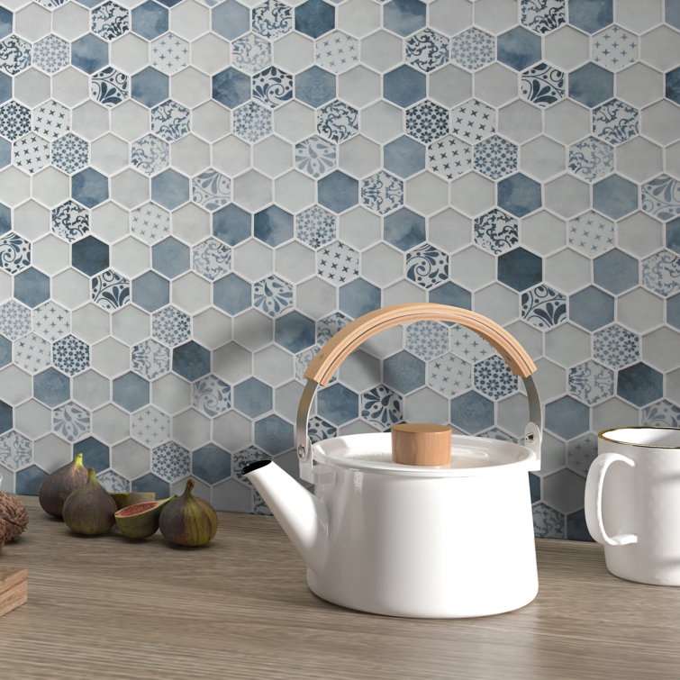 Blue and White Hexagon Recycled Glass Mosaic Tile