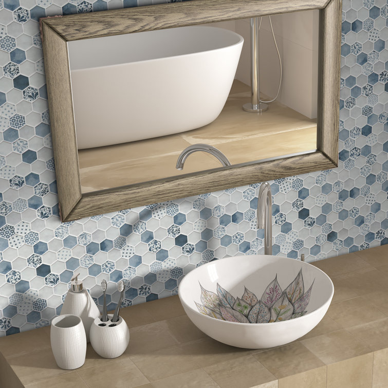 Blue and White Hexagon Recycled Glass Mosaic Tile