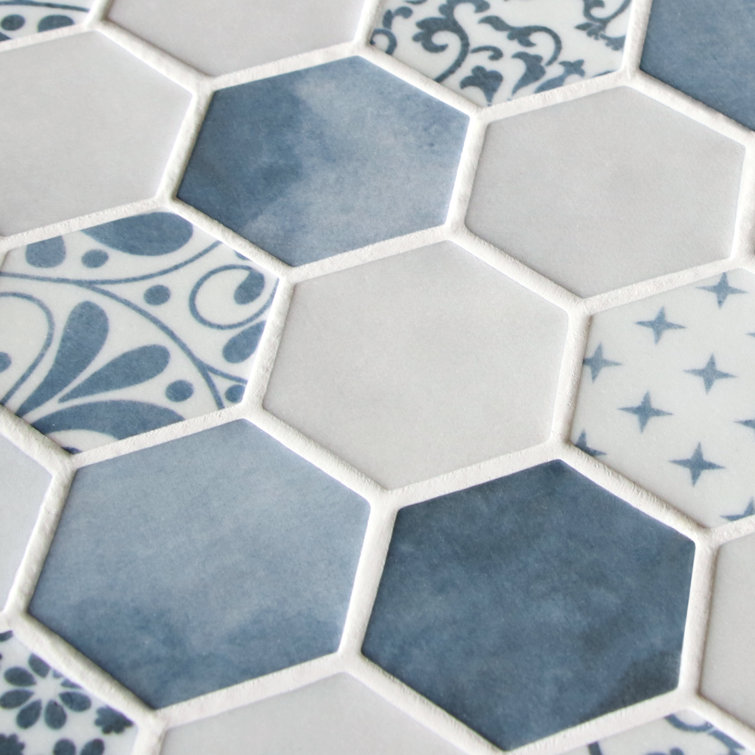 Blue and White Hexagon Recycled Glass Mosaic Tile