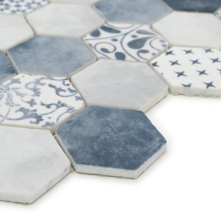 Blue and White Hexagon Recycled Glass Mosaic Tile