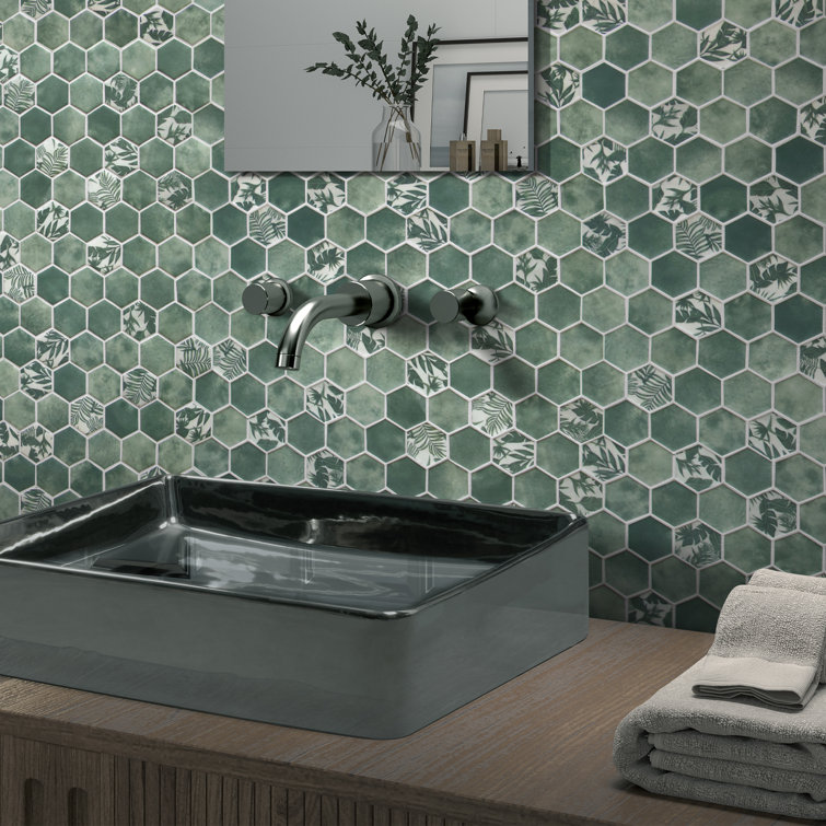 Green Hexagon Recycled Glass Mosaic Tile Sheets