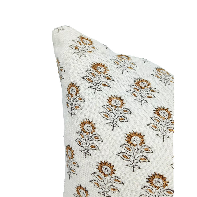 Fabdivine Off White and Yellow Linen Floral Pillow Cover, 22" x 22"