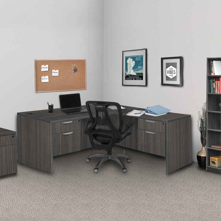 Ash Grey Wood Executive Corner Desk with Drawer and Filing Cabinet