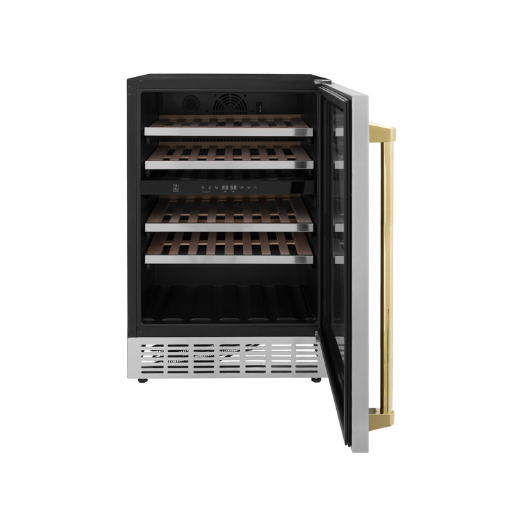 Stainless Steel Dual Zone Wine Cooler with Gold Handle and Interior Lighting