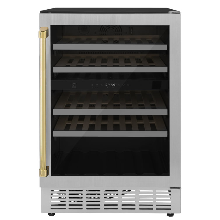 Stainless Steel Dual Zone Wine Cooler with Gold Handle and Interior Lighting