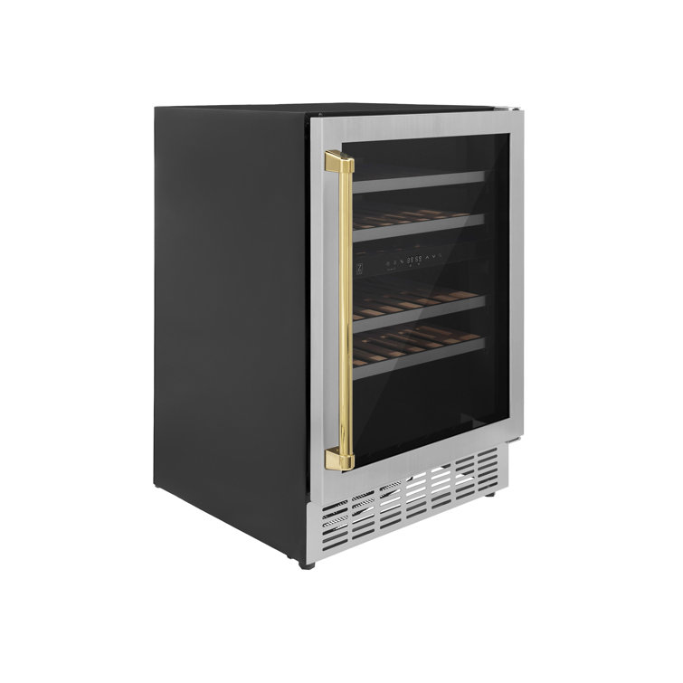 Stainless Steel Dual Zone Wine Cooler with Gold Handle and Interior Lighting