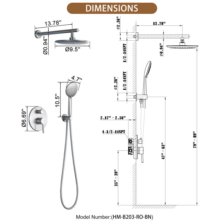 Brushed Nickel Wall Mounted Rain Shower System with Handheld
