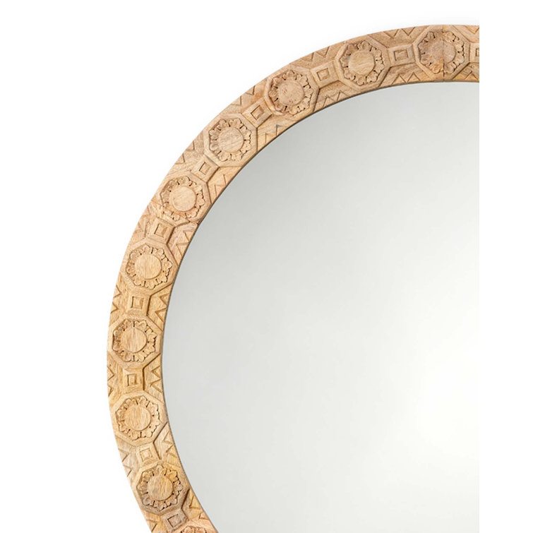 Natural Carved Wood Round Wall Mirror