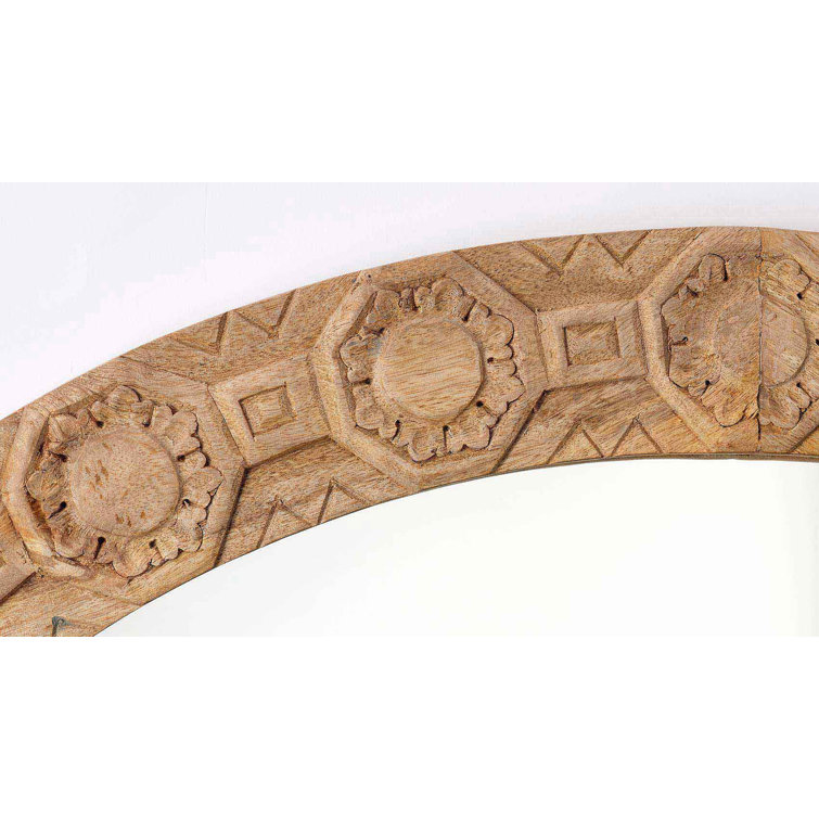 Natural Carved Wood Round Wall Mirror