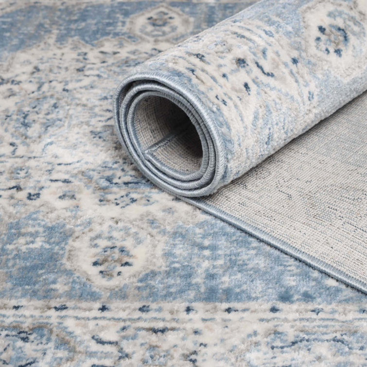 Blue-Cream Medallion Synthetic Easy Care Area Rug