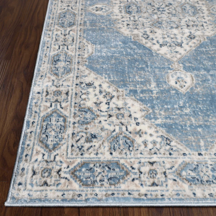 Blue-Cream Medallion Synthetic Easy Care Area Rug