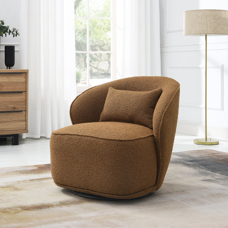 Camel Boucle Upholstered Swivel Barrel Chair with Solid Wood Frame