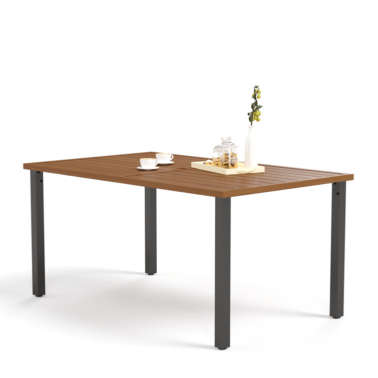 Teak-Grain and Black Metal Outdoor Dining Table for 6