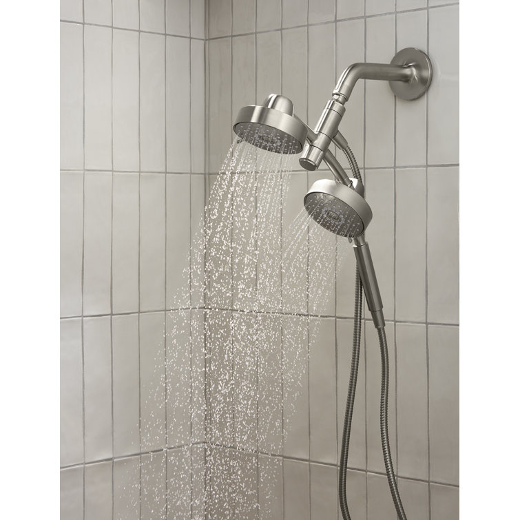 Brushed Nickel Multifunction Dual Shower Head with Metal Hose